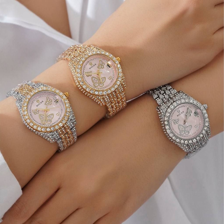 ساعت زنانه فول نگین دار پروانه ای طرح رولکس ROLEX رنگ کاملا ثابت کد sm (پس کرایه)