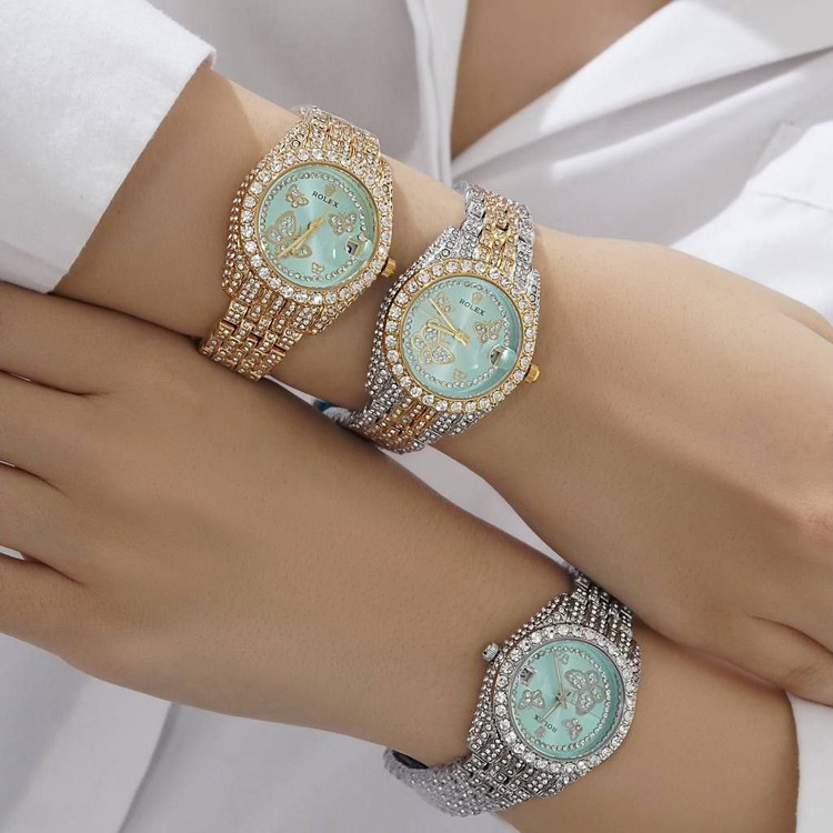 ساعت زنانه فول نگین دار پروانه ای طرح رولکس ROLEX رنگ کاملا ثابت کد sm (پس کرایه)
