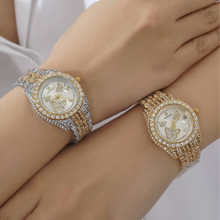 ساعت زنانه فول نگین دار پروانه ای طرح رولکس ROLEX رنگ کاملا ثابت کد sm (پس کرایه)