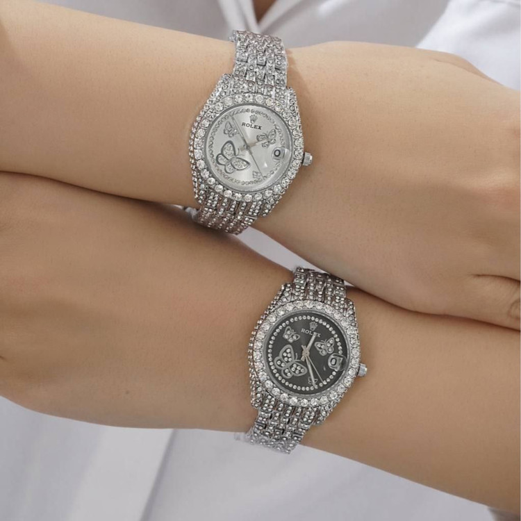 ساعت زنانه فول نگین دار پروانه ای طرح رولکس ROLEX رنگ کاملا ثابت کد sm (پس کرایه)
