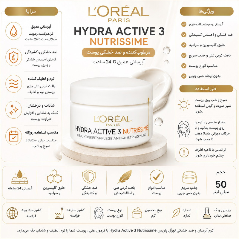 کرم آبرسان روز صورت لورآل پاریس مدل Hydra Active 3 Nutrissime مناسب برای انواع پوست حجم 50 میلیلیتر