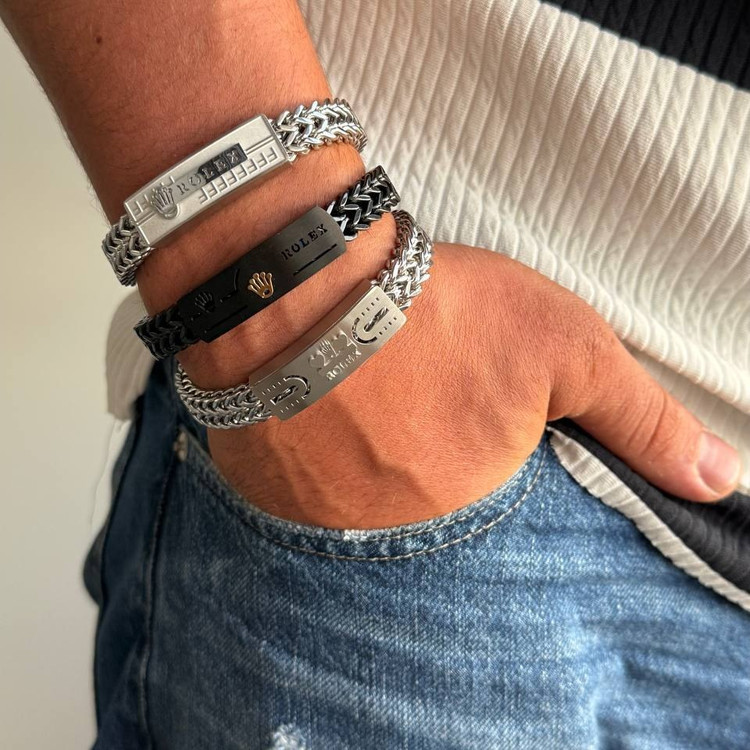 دستبند استیل مردانه پلاک دار طرح رولکس Rolex رنگ ثابت کد sm (پس کرایه)