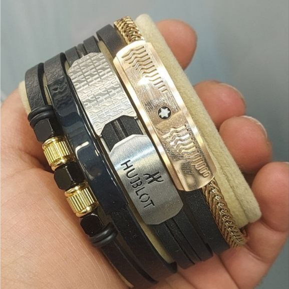 دستبند چرمی قفل و پلاک استیل مردانه طرح گوچی Gucci کیفیت چرم عالی در تنوع طرح رنگ ثابت کد bn (پس کرایه)