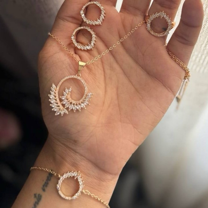 ست کامل گردنبند و دستبند و انگشتر و گوشواره زنانه طرح نگین گندمی رنگ ثابت کد sm (پس کرایه)