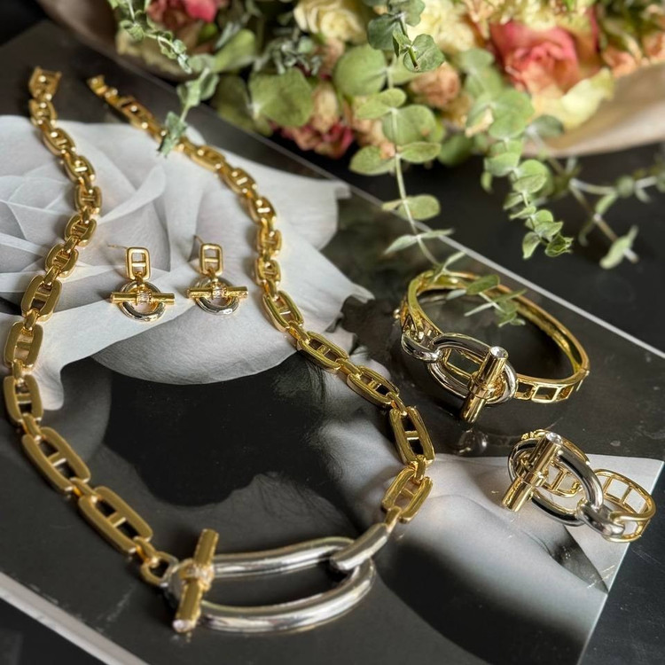 ست کامل گردنبند و دستبند و انگشتر و گوشواره استیل زنانه طرح هرمس Hermes رنگ ثابت کد sm (پس کرایه)