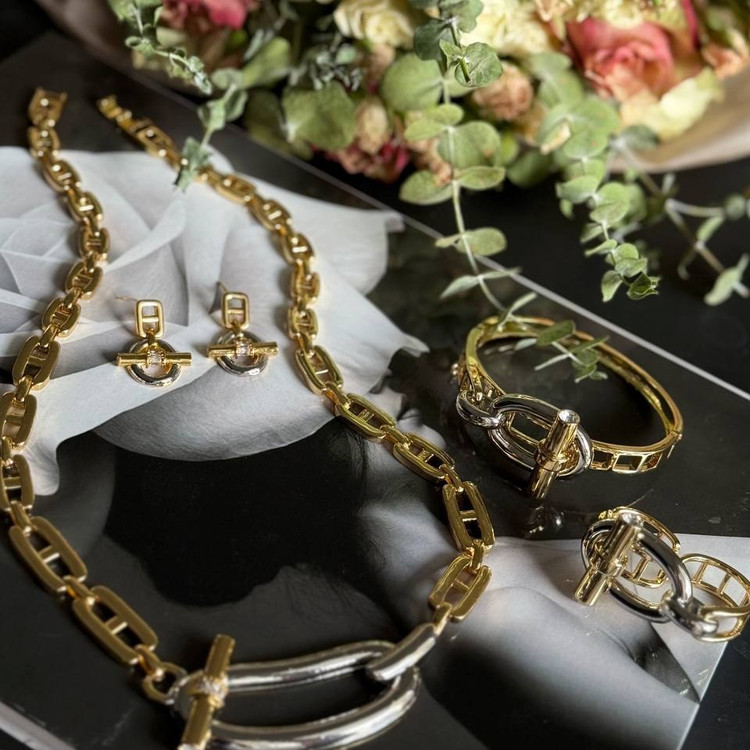 ست کامل گردنبند و دستبند و انگشتر و گوشواره استیل زنانه طرح هرمس Hermes رنگ ثابت کد sm (پس کرایه)