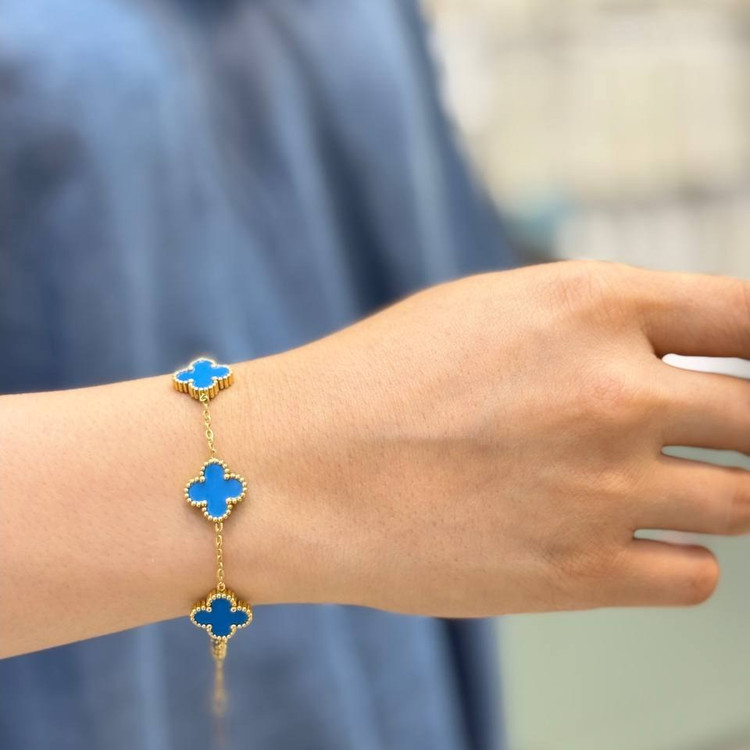 دستبند آبکاری نقره زنانه طرح گل ونکلیف Vancleef آبی رنگ ثابت کد gy (پس کرایه)