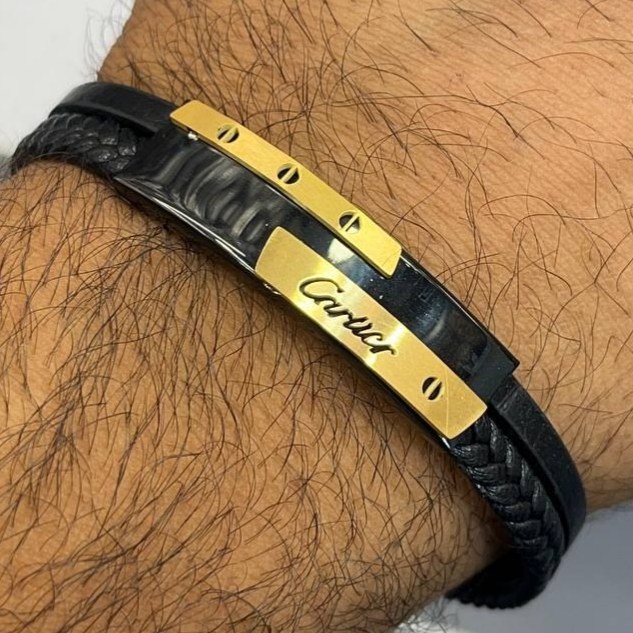 دستبند چرمی قفل و پلاک استیل مردانه کارتیر Cartier کیفیت چرم عالی تنوع طرح رنگ ثابت کدbn (پس کرایه)