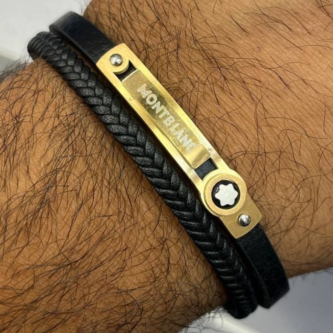 دستبند چرمی قفل و پلاک استیل مردانه مونت بلنک Montblanc کیفیت چرم عالی تنوع طرح رنگ ثابت کدbn (پس کرایه)