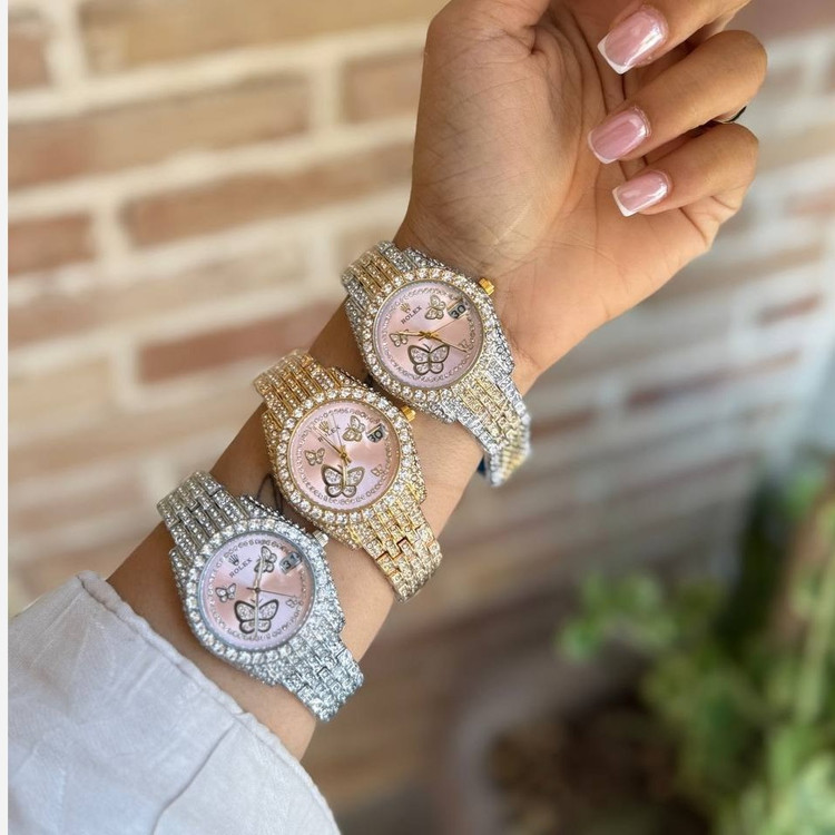 ساعت مچی دخترانه رولکس ROLEX فول نگین پروانه تاریخ دار تنوع رنگ رنگ ثابت کد sm (پس کرایه)