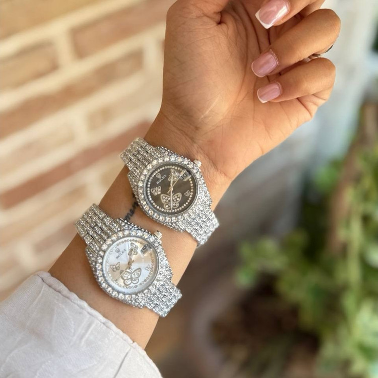 ساعت مچی دخترانه رولکس ROLEX فول نگین پروانه تاریخ دار تنوع رنگ رنگ ثابت کد sm (پس کرایه)