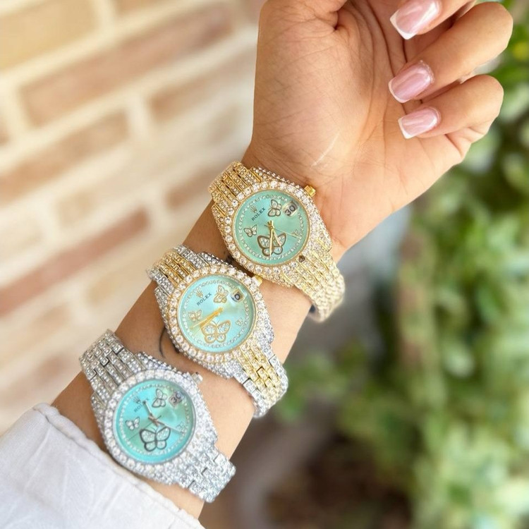 ساعت مچی دخترانه رولکس ROLEX فول نگین پروانه تاریخ دار تنوع رنگ رنگ ثابت کد sm (پس کرایه)