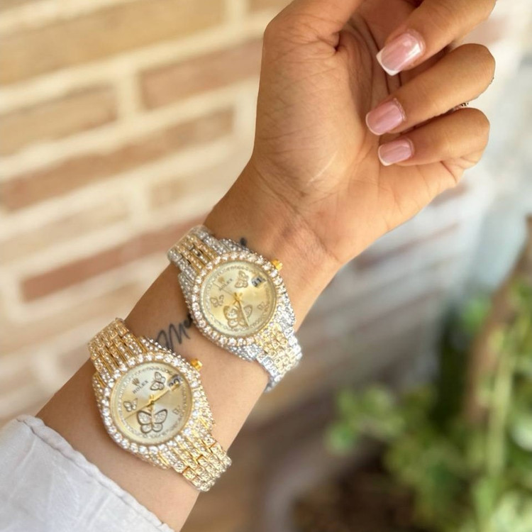 ساعت مچی دخترانه رولکس ROLEX فول نگین پروانه تاریخ دار تنوع رنگ رنگ ثابت کد sm (پس کرایه)