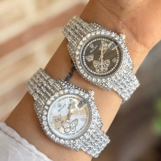 ساعت مچی دخترانه رولکس ROLEX فول نگین پروانه تاریخ دار تنوع رنگ رنگ ثابت کد sm (پس کرایه)