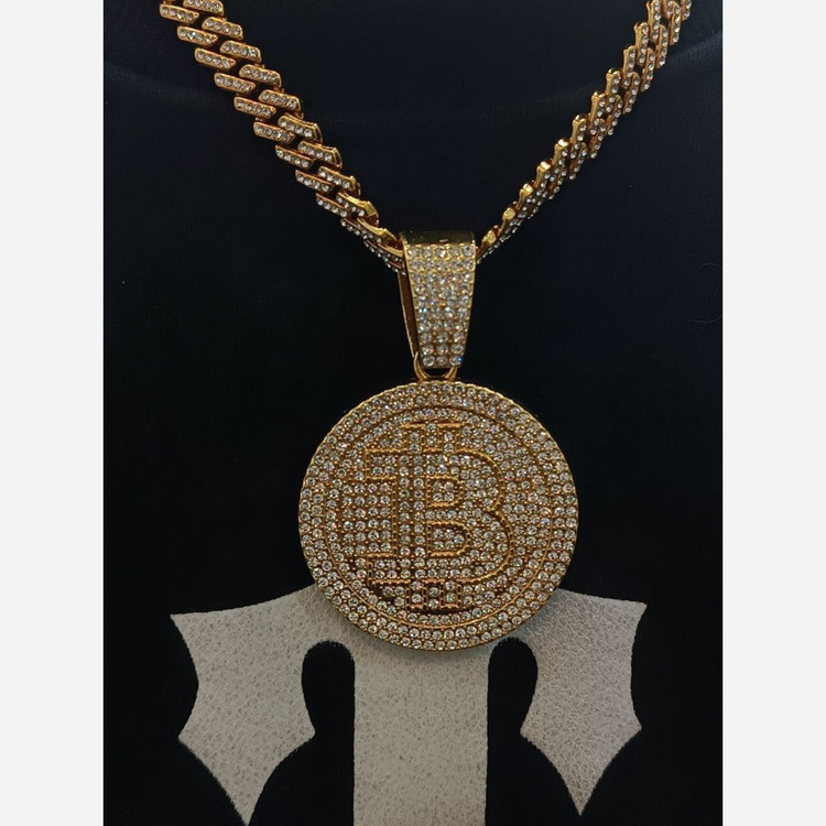 گردنبند و آویز پلاک فول نگین طرح بیت کوین BITCOIEN رنگ ثابت کد vn (پس کرایه)