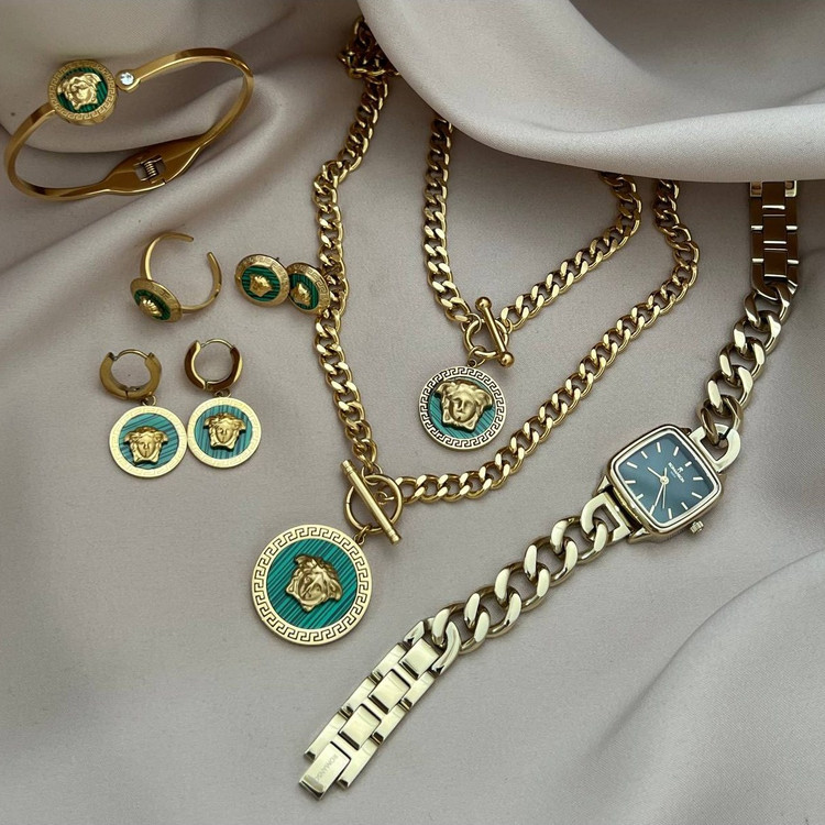 ست کامل گردنبند و ساعت رومانسون و دستبند و انگشتر و گوشواره استیل زنانه طرح ورساچه Versace رنگ ثابت کد tj (پس کرایه)