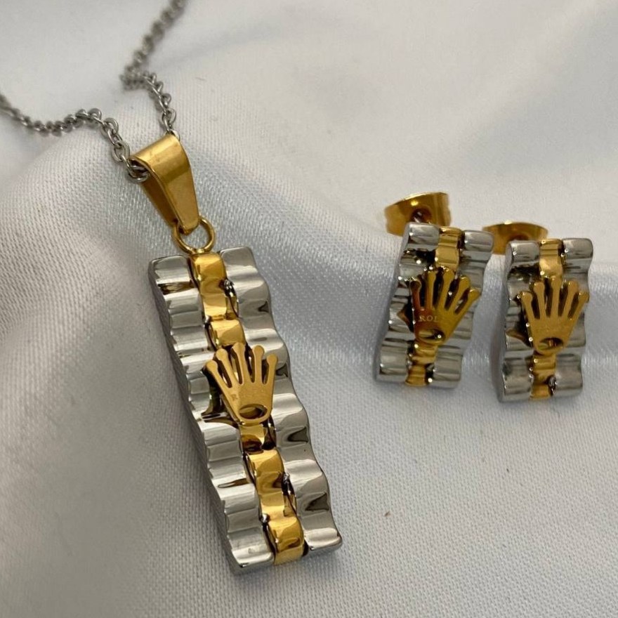 نیم ست گردنبند و گوشواره استیل زنانه طرح رولکس Rolex در دو مدل رنگ ثابت کد tj (پس کرایه)
