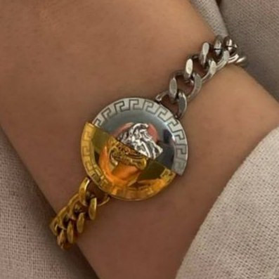 نیم ست گردنبند و دستبند استیل زنانه طرح ورساچه Versace طلایی نقره ای رنگ ثابت کد tj (پس کرایه)