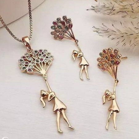 نیم ست گردنبند و گوشواره زنانه ژوپینگ طرح دختر بادکنک به دست نگین رنگ ثابت کد gy (پس کرایه)