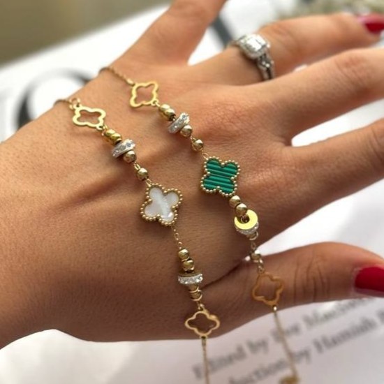 دستبند استیل زنانه طرح گل ونکلیف Vancleef سفید و سبز رنگ ثابت کد sm (پس کرایه)