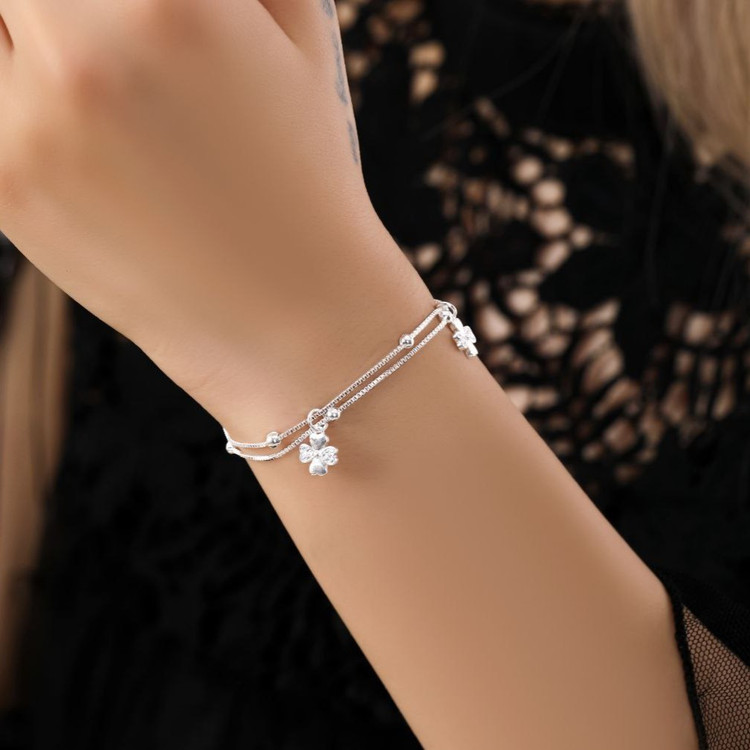 دستبند آبکاری نقره زنانه طرح برگ صدف و گوی دو لاین تنوع طرح رنگ ثابت کد mp