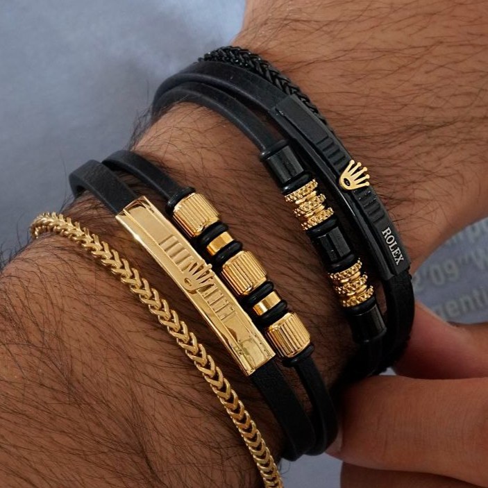 دستبند چرمی قفل استیل رولکس Rolex سه لاین در تنوع طرح کیفیت چرم عالی رنگ ثابت کد mp
