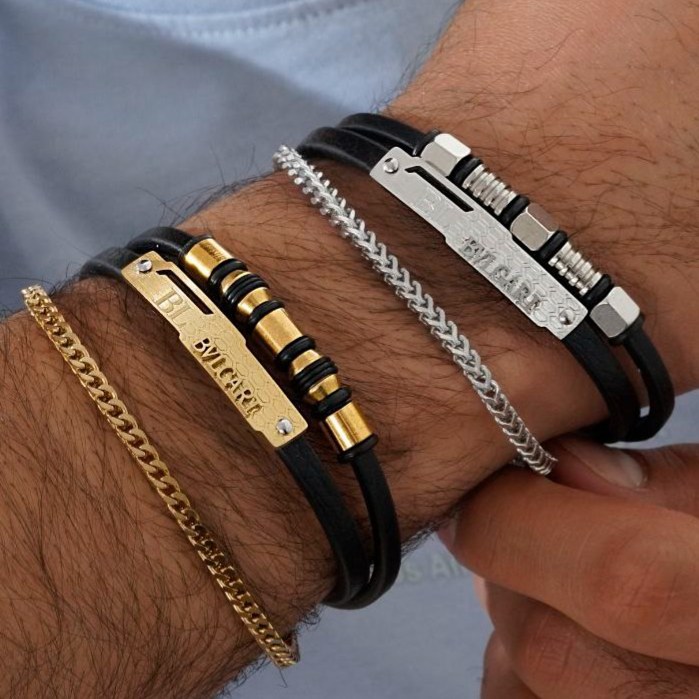 دستبند چرمی قفل استیل بولگاری Bulgari سه لاین در تنوع طرح کیفیت چرم عالی رنگ ثابت کد mp
