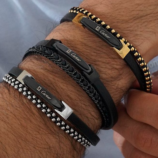 دستبند چرمی قفل استیل مگنتی کارتیر Cartier  مهره در تنوع طرح کیفیت چرم عالی رنگ ثابت کد mp