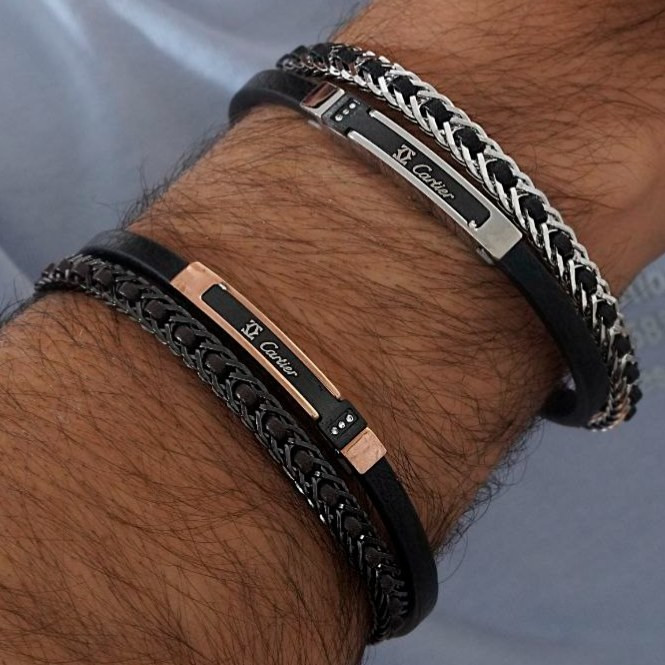 دستبند چرمی قفل استیل مگنتی کارتیر Cartier مهره در تنوع طرح کیفیت چرم عالی رنگ ثابت کد mp