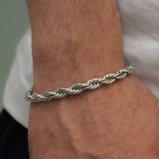 دستبند زنجیری مردانه طرح طنابی نقره ای رنگ ثابت کد gy
