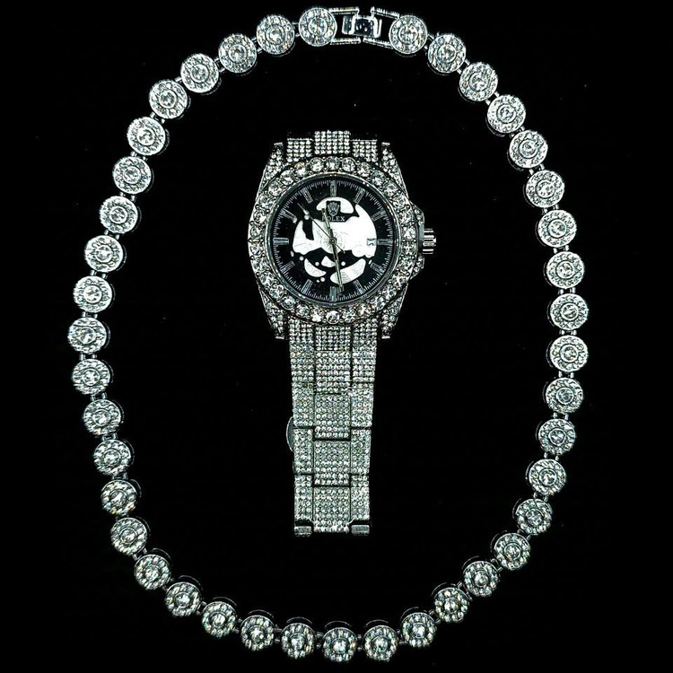 ست ساعت فول نگین و گردنبند تنیسی نگین دایره رنگ ثابت کد vn