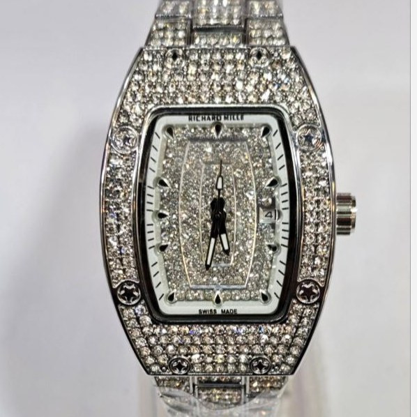 ساعت مچی زنانه ریچارد میل Richard Mille فول نگین مخراج کاری تاریخ دار بند استیل رنگ ثابت کد vn