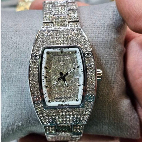 ساعت مچی زنانه ریچارد میل Richard Mille فول نگین مخراج کاری تاریخ دار بند استیل رنگ ثابت کد vn