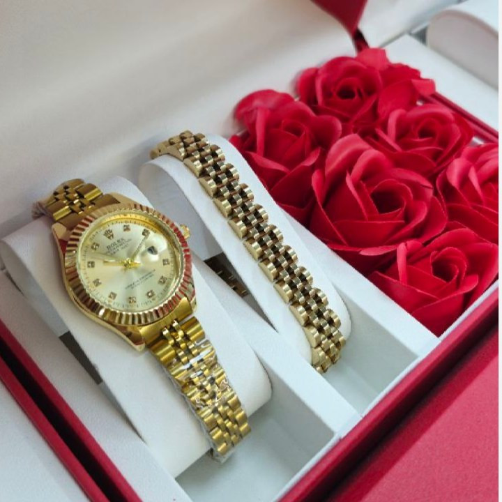 ست ساعت مچی و دستبند استیل زنانه مارک رولکس ROLEX تقویم دار در سه رنگ رنگ ثابت کد mp