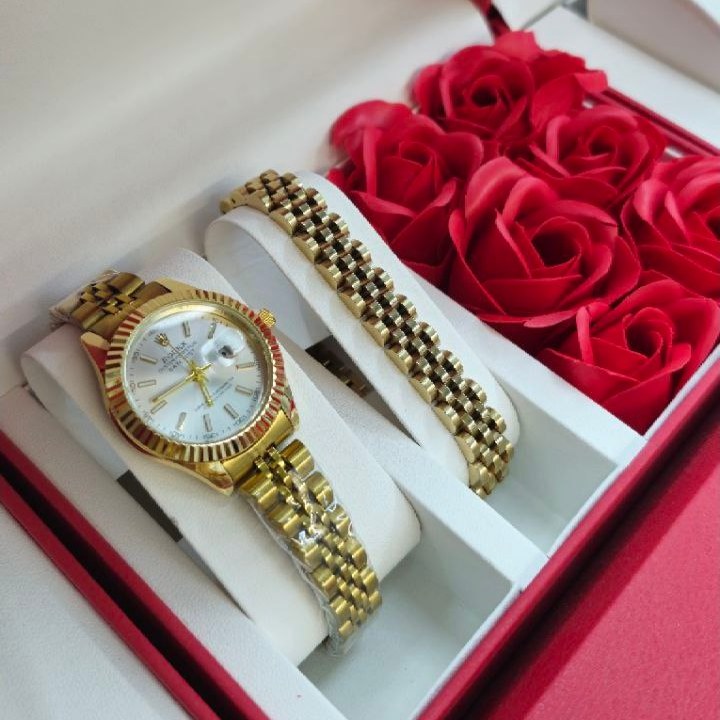 ست ساعت مچی و دستبند استیل زنانه مارک رولکس ROLEX تقویم دار در سه رنگ رنگ ثابت کد mp