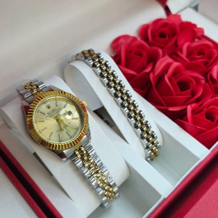 ست ساعت مچی و دستبند استیل زنانه مارک رولکس ROLEX تقویم دار در سه رنگ رنگ ثابت کد mp