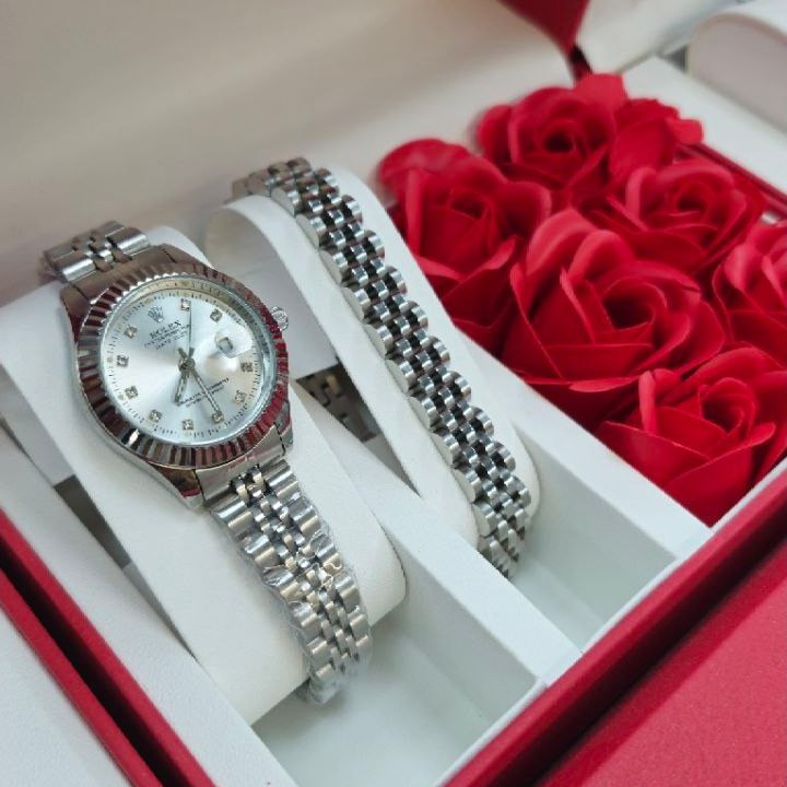 ست ساعت مچی و دستبند استیل زنانه مارک رولکس ROLEX تقویم دار رنگ ثابت کد mp
