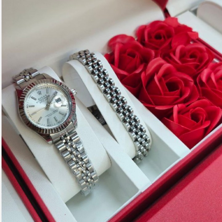 ست ساعت مچی و دستبند استیل زنانه مارک رولکس ROLEX تقویم دار رنگ ثابت کد mp