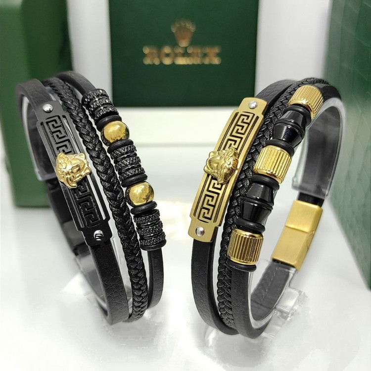 دستبند چرمی قفل و پلاک استیل مردانه ورساچ VERSACE قفل مگنتی تنوع طرح رنگ ثابت کد mp
