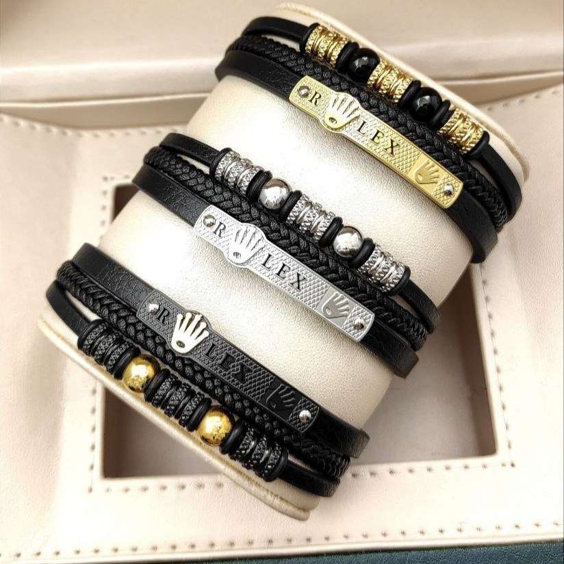 دستبند چرمی قفل و پلاک استیل مردانه رولکس ROLEX قفل مگنتی تنوع طرح رنگ ثابت کد mp