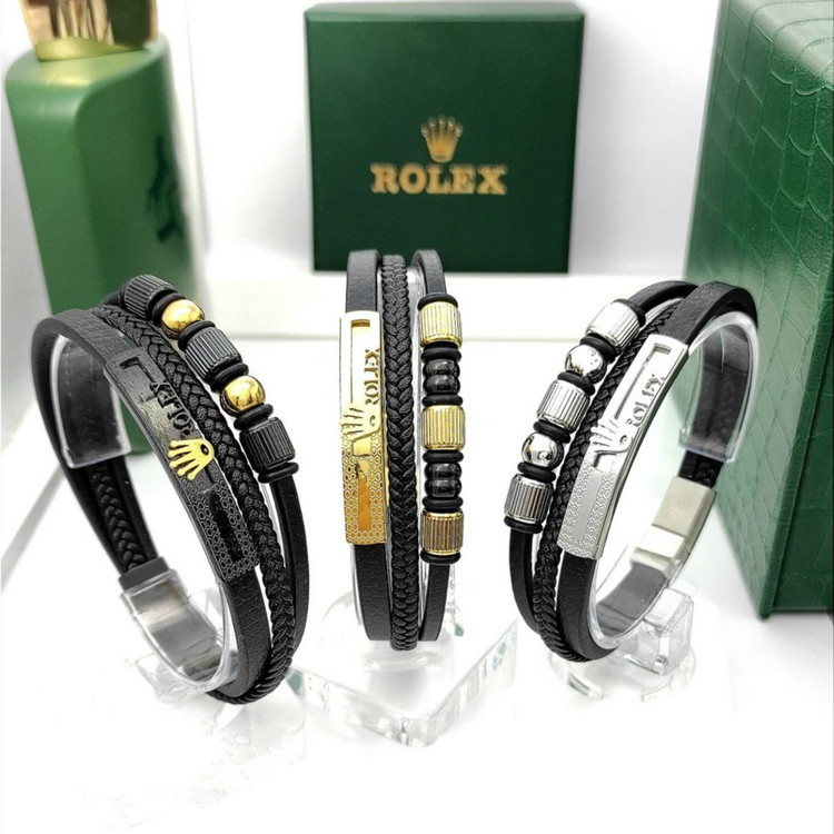 دستبند چرمی قفل و پلاک استیل مردانه رولکس ROLEX قفل مگنتی تنوع طرح رنگ ثابت کد mp