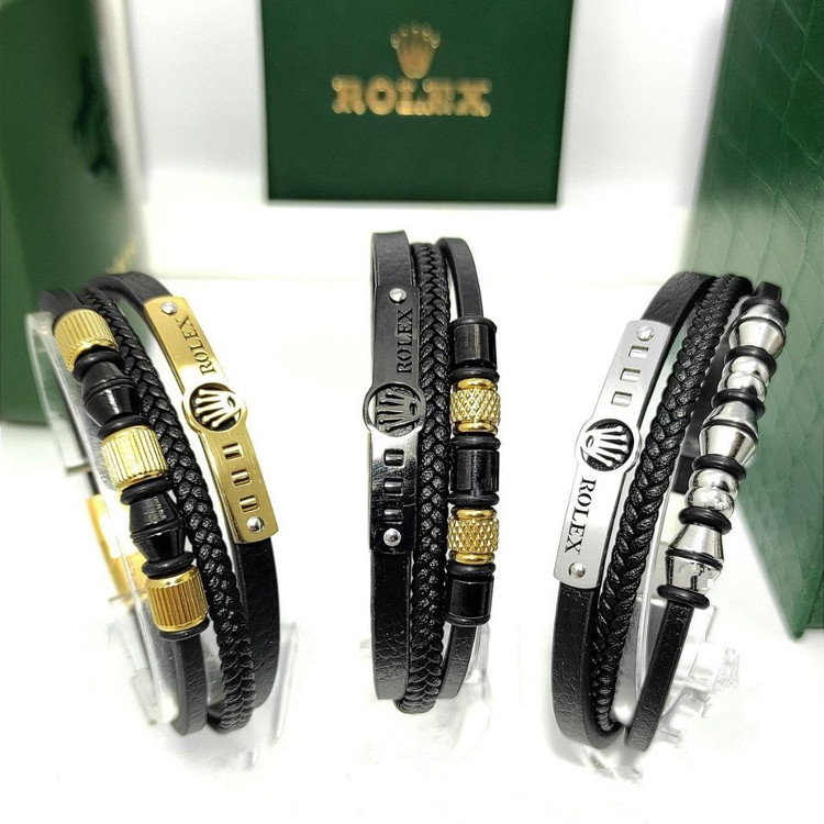 دستبند چرمی قفل و پلاک استیل مردانه رولکس ROLEX قفل مگنتی تنوع طرح رنگ ثابت کد mp