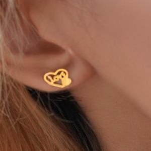 نیم ست گوشواره و گردنبند استیل آویز چند لاین طرح قلب love طلایی رنگ ثابت mp