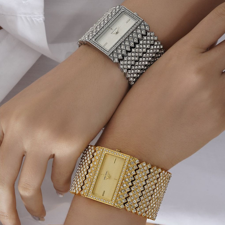 ساعت مچی زنانه anne klein فول نگین مخراج کاری با بند پهن درجه یک رنگ ثابت کد mp