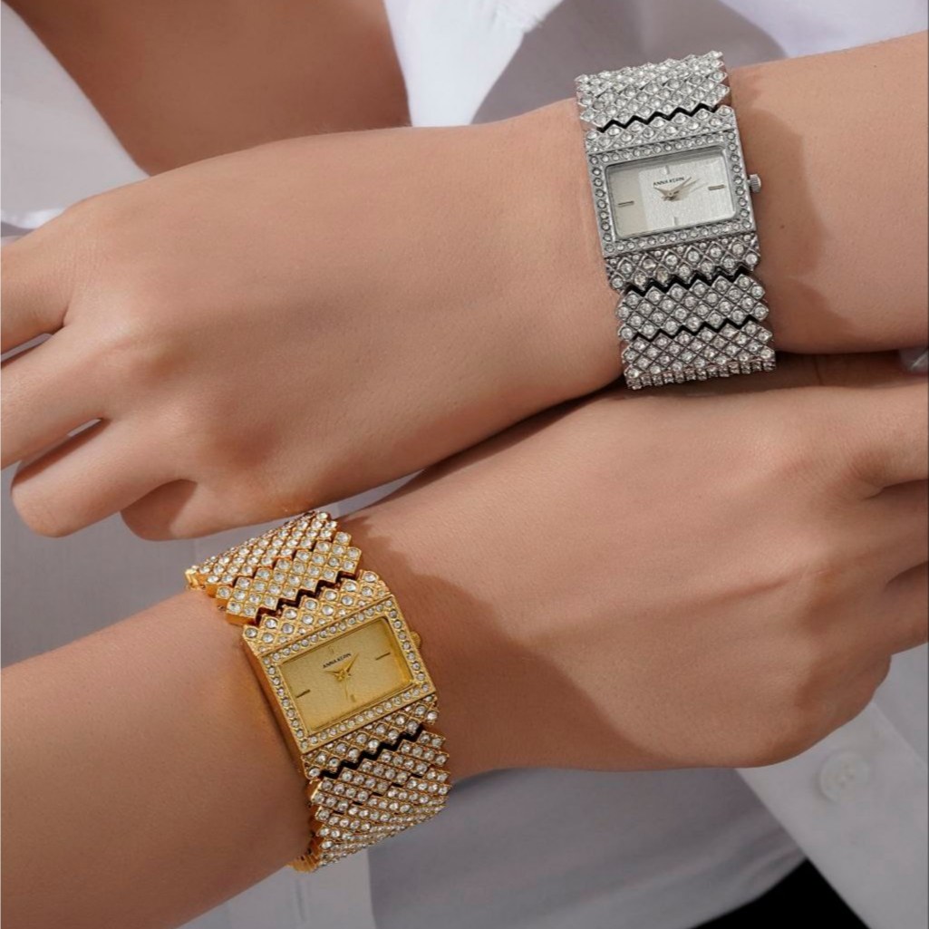 ساعت مچی زنانه anne klein فول نگین مخراج کاری با بند استیل پهن درجه یک رنگ ثابت کد mp