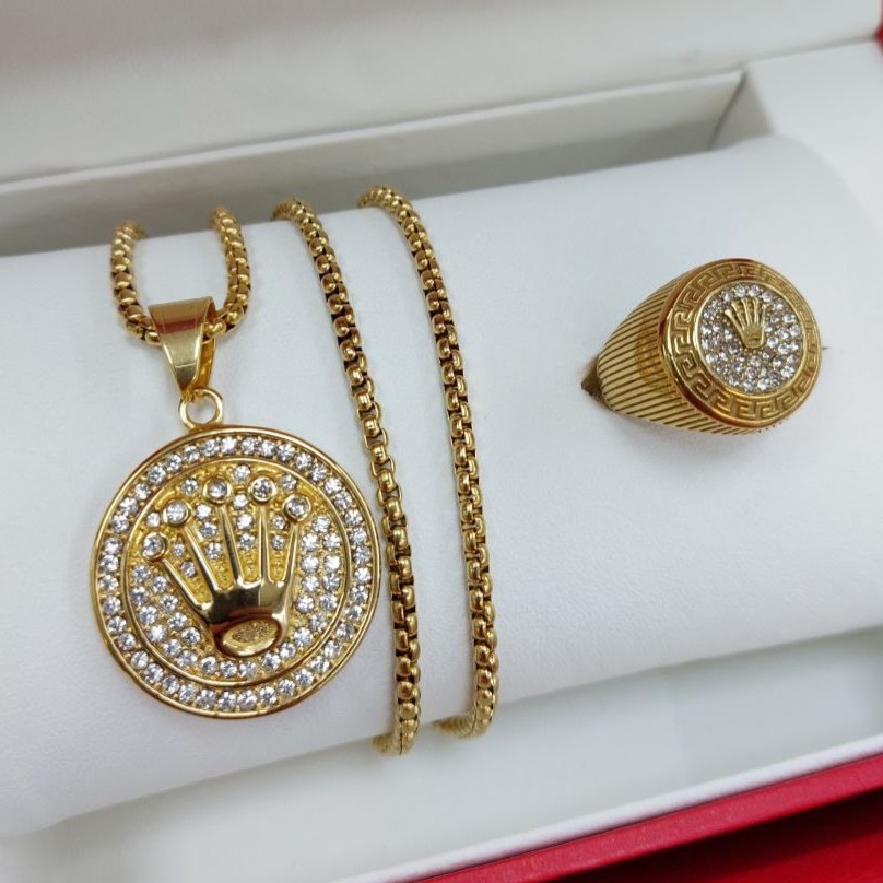 ست مردانه استیل گردنبند و پلاک آویز و دستبند و انگشتر رولکس rolex رنگ کاملا ثابت کد MP
