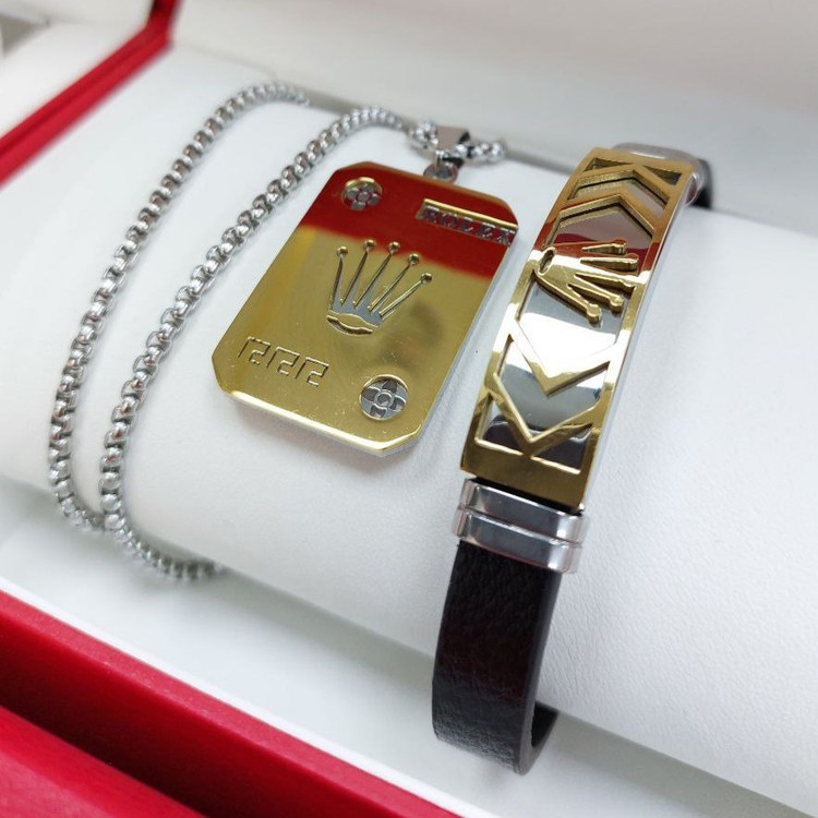 ست مردانه زیبای استیل گردنبند و پلاک آویز و دستبند رولکس rolex رنگ کاملا ثابت کد MP