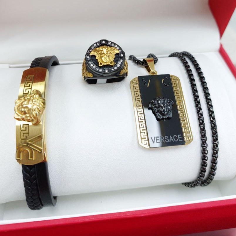ست مردانه استیل گردنبند و پلاک آویز و دستبند و انگشتر ورساچ VERSACE رنگ کاملا ثابت کد MP