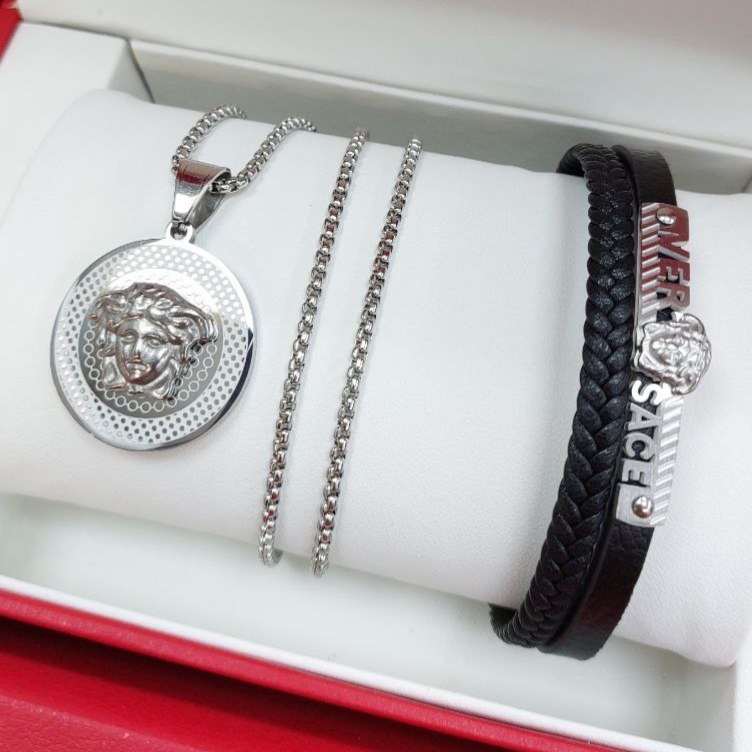ست مردانه استیل گردنبند و پلاک آویز همراه دستبند ورساچ VERSACE رنگ کاملا ثابت کد MP