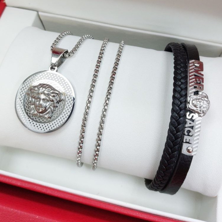 ست مردانه استیل گردنبند و پلاک آویز همراه دستبند ورساچ VERSACE رنگ کاملا ثابت کد MP